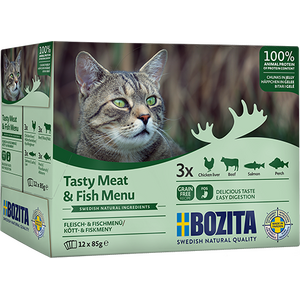 Bozita Tasty fish menu kala-lihalajitelma kastikkeessa kissan märkäruoka 12 x 85 g