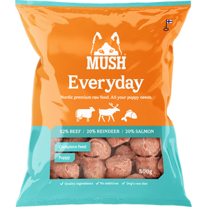 MUSH Everyday Puppy Jäänsininen Nauta-poro-lohi 4,8 kg (6 x 800 g) Ennakkotilaus