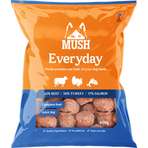 MUSH Everyday Sininen Nauta-kalkkuna-lohi 4,8 kg (6 x 800 g) Ennakkotilaus