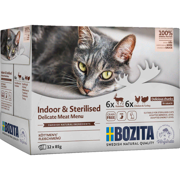 Bozita Indoor & Sterilised lajitelma kastikkeessa kissan märkäruoka 12 x 85 g