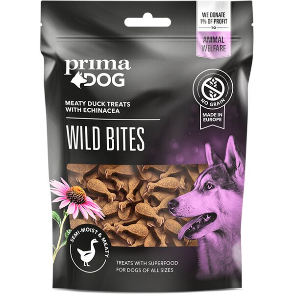 PrimaDog Wild Bites Ankka & Auringonhattu puolikostea makupala 150 g
