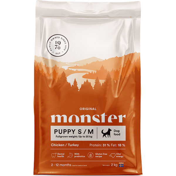 Monster Original Puppy Small & Medium kana-kalkkuna koiran kuivaruoka 2 kg