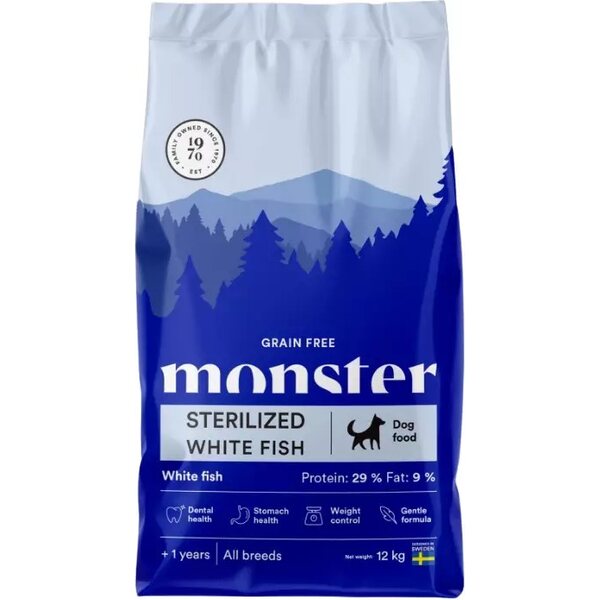 Monster Grain Free Sterilized White Fish koiran kuivaruoka 12 kg